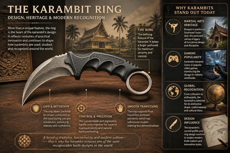 Infographic explaining the purpose of the karambit ring, featuring a traditional curved karambit with educational callouts about grip retention, control, martial arts heritage, and modern popularity in gaming and culture