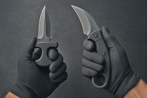 Hands gripping a tactical push dagger and a karambit knife to show retention and grip differences.