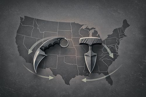 Illustrated karambit and push dagger showing close range motion paths.