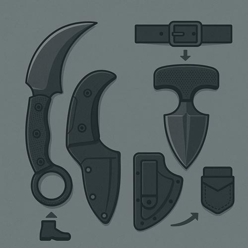 Illustrated karambit and push dagger with sheaths