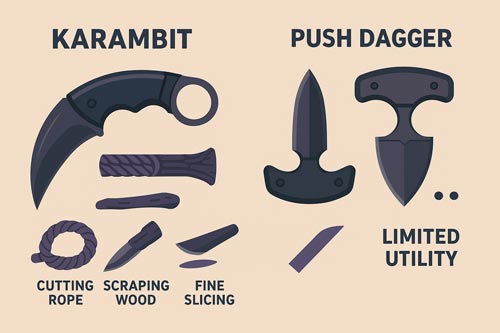 Infographic comparing karambit and push dagger survival utility.