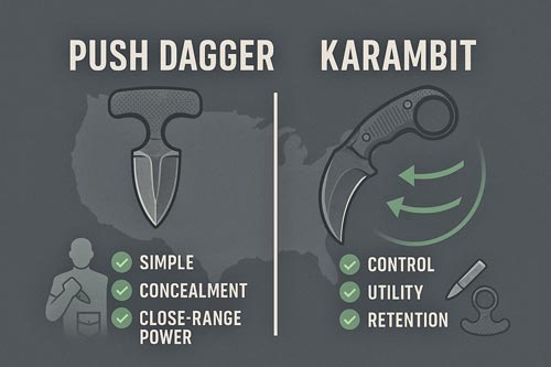 Infographic comparing push dagger and karambit strengths