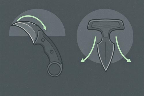Illustrated karambit and push dagger showing close range motion paths.