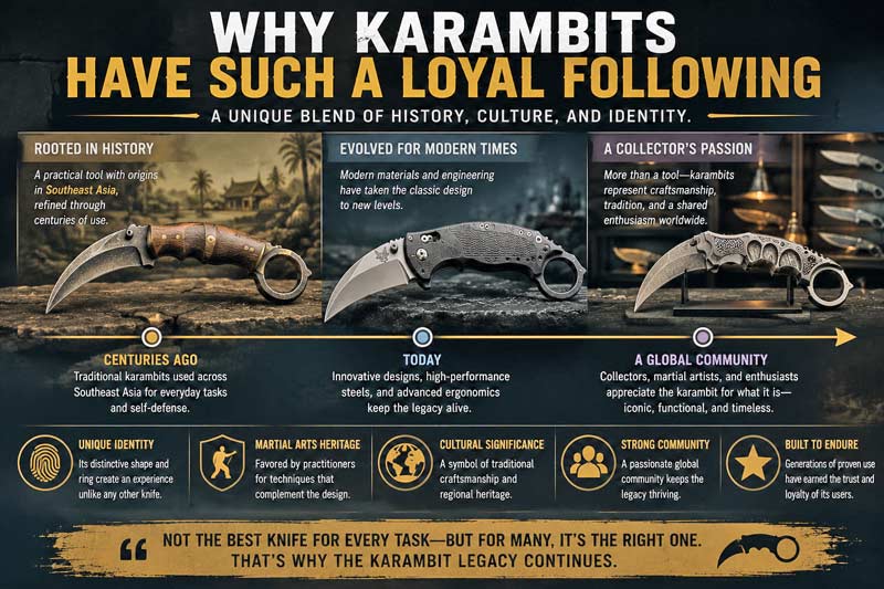 Karambit history and popularity infographic with traditional and modern knife designs.
