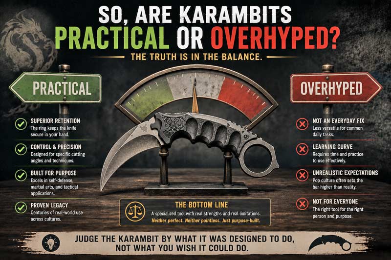 Karambit knife practicality versus hype infographic with balanced pros and cons.