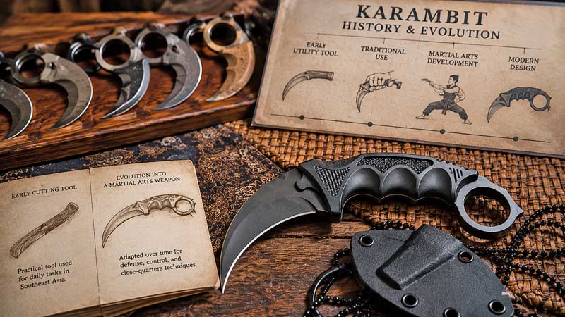 Historical display of karambit knives showing their evolution from utility tool to martial arts weapon with curved blade designs and educational timeline graphic