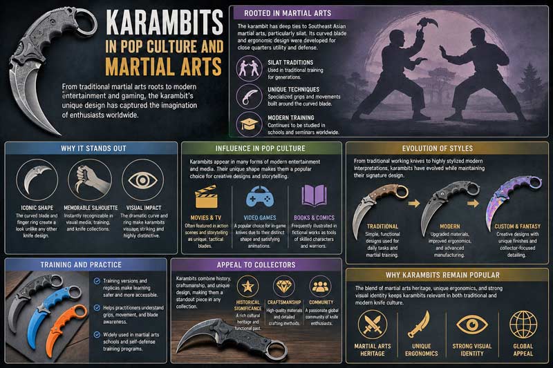 Infographic showing the influence of karambit knives in martial arts, modern knife culture, gaming, and collector communities