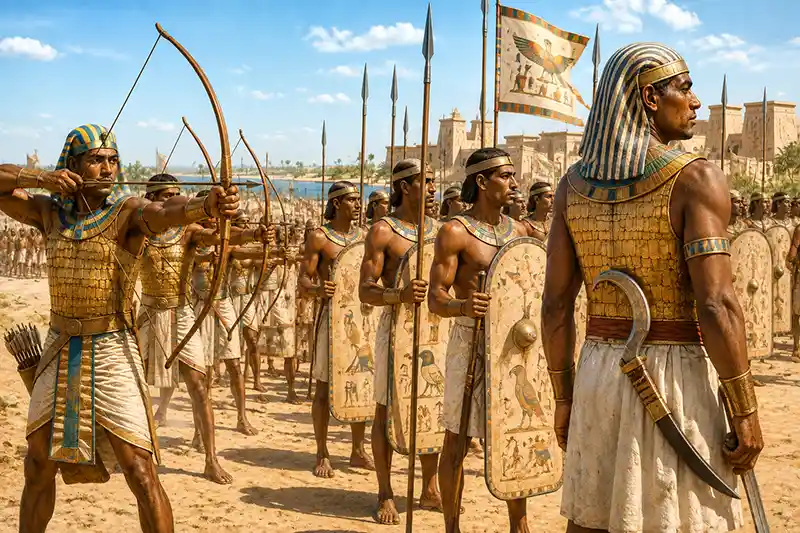 Ancient Egyptian archers and spearmen with a khopesh sidearm
