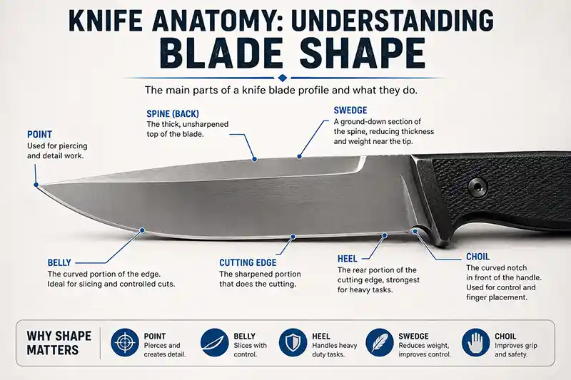 Knife blade anatomy showing point, spine, belly, cutting edge, heel, swedge, and choil