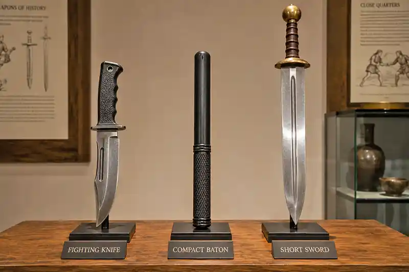 Fighting knife, compact baton, and short sword displayed side by side