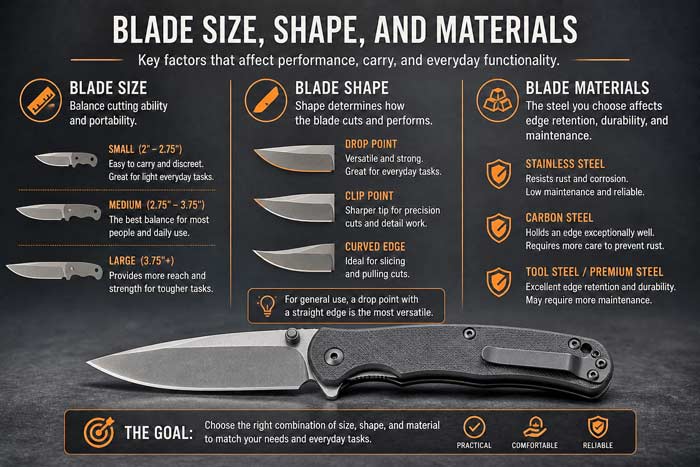 Infographic showing blade size, shape, and materials with examples of knife types and features for everyday carry