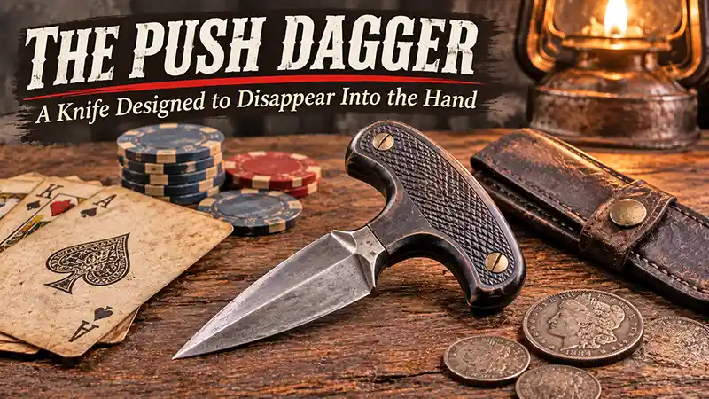 Antique push dagger with playing cards, poker chips, and coins