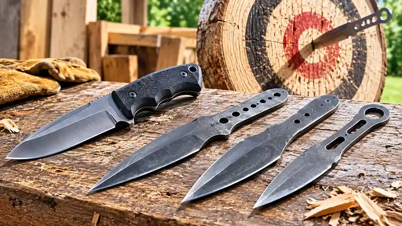 Regular knife and one-piece throwing knives beside a wooden target