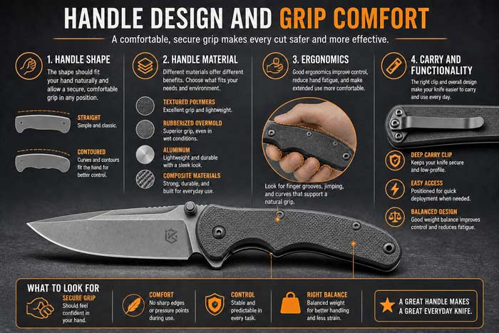 Infographic showing knife handle design features, including shape, materials, ergonomics, and grip comfort for everyday carry