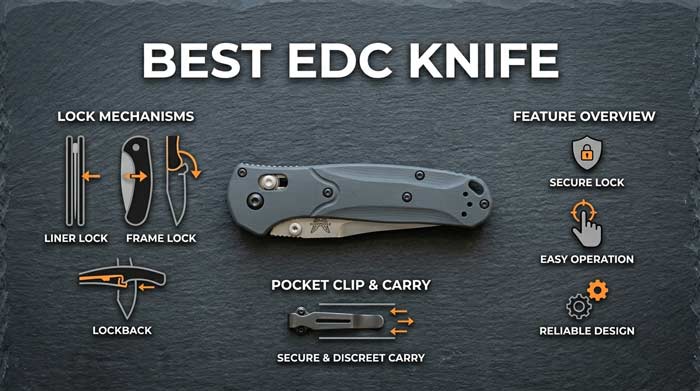 Infographic showing a closed folding knife with icons representing locking mechanisms, security, and ease of use
