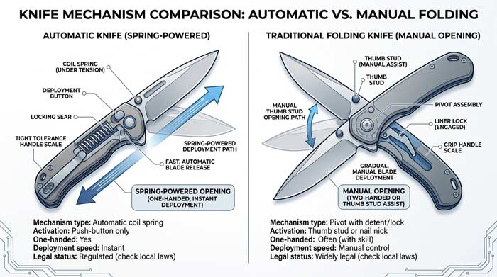 Infographic comparing automatic knife mechanisms with traditional manual folding knife opening systems