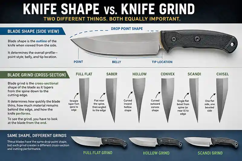 Knife blade shape vs. knife grind cross-section comparison