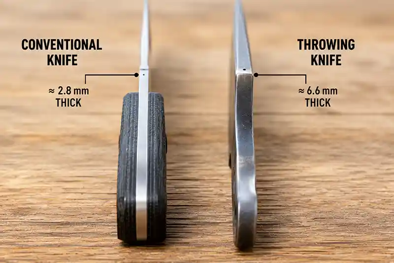 Conventional knife spine compared with a thicker throwing knife spine