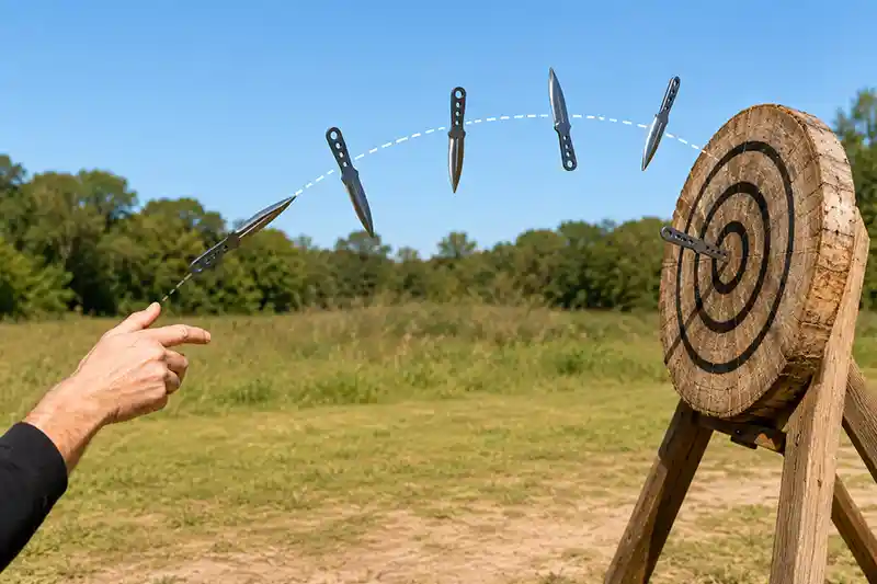 Throwing knife rotating through the air toward a wooden target