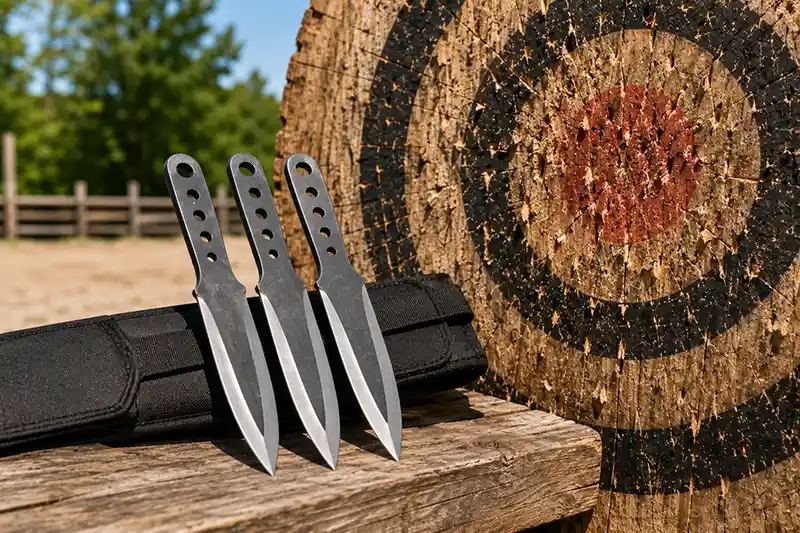 Matched set of throwing knives beside a heavily used wooden target