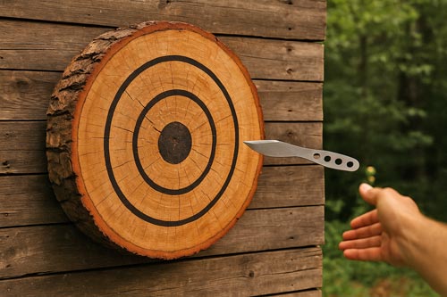 Throwing knife stuck in a wooden target with painted rings.