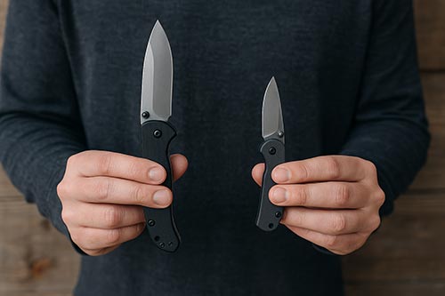 Person holding a small and large folding knife.