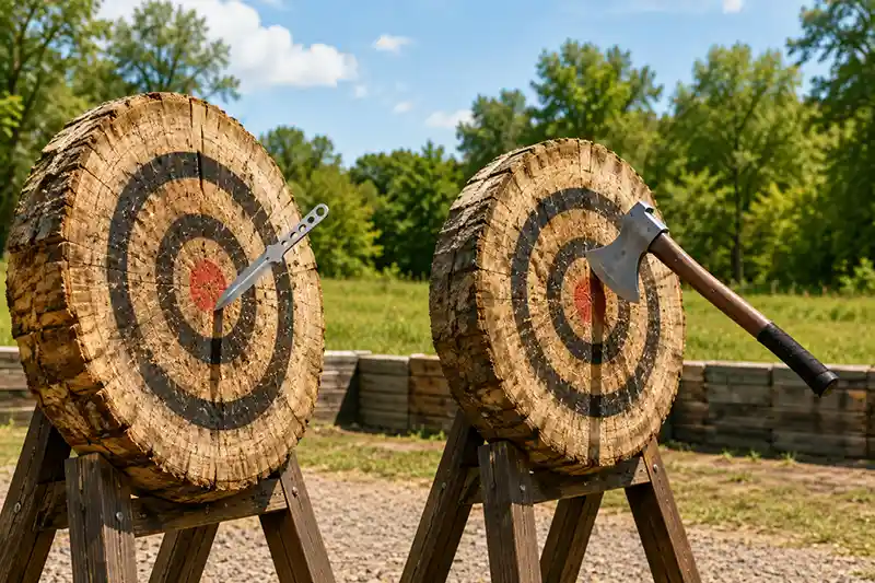 Throwing knife and axe embedded in separate wooden targets