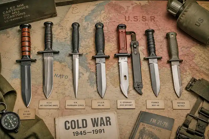 Cold War combat knives from multiple nations displayed on a military map with vintage field gear.