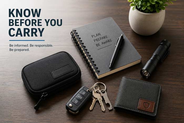 Organized everyday carry items on a desk representing responsible planning and awareness