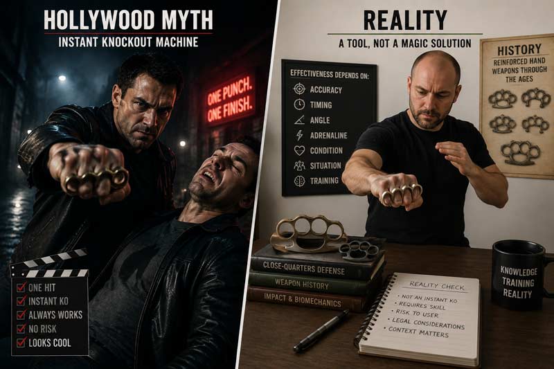 Hollywood vs reality comparison of brass knuckles showing dramatic movie-style knockout myth beside realistic training and historical context.