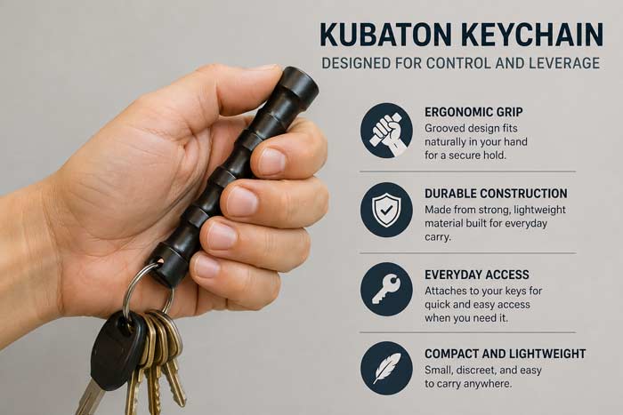 hand holding kubaton keychain with keys showing ergonomic grip and everyday carry design