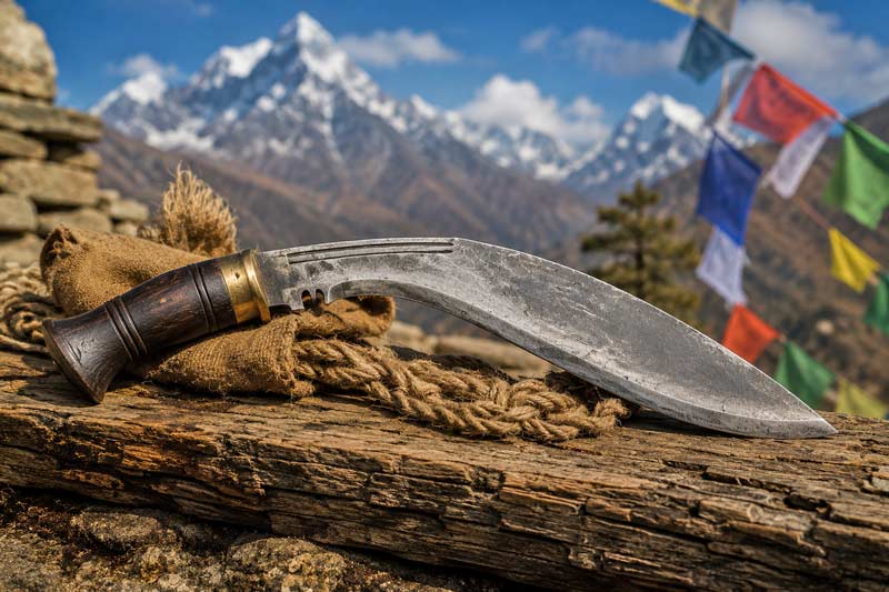 Traditional kukri knife displayed on rugged wood with Himalayan mountains and Nepal-inspired atmosphere in the background.