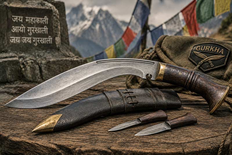Traditional kukri knife displayed on rustic wood with Himalayan mountains and Gurkha-inspired background.
