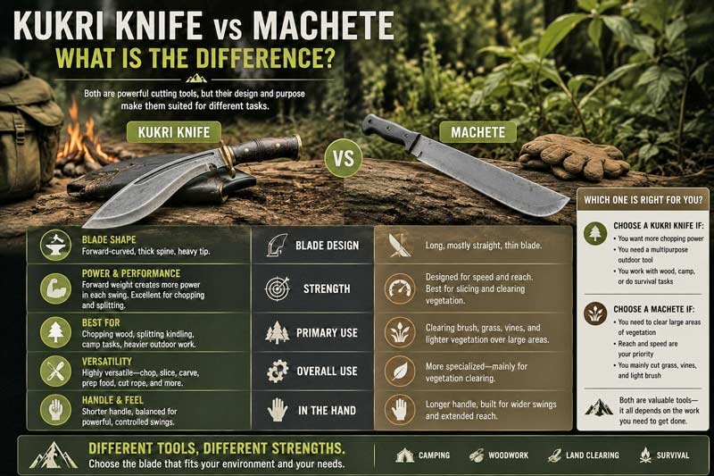 Infographic comparing a kukri knife and machete side by side, highlighting differences in blade shape, chopping power, outdoor uses, and best tasks for each tool in a wilderness setting
