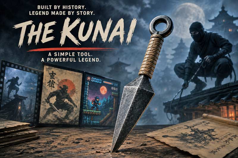 Kunai surrounded by historical art and ninja imagery questioning its legendary origins.