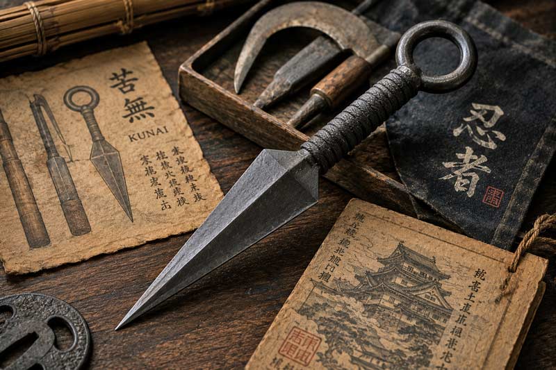 Traditional kunai knife displayed with Japanese-inspired tools, parchment, and historical workshop atmosphere.
