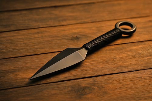 Modern black kunai knife displayed on wooden table under warm lighting.