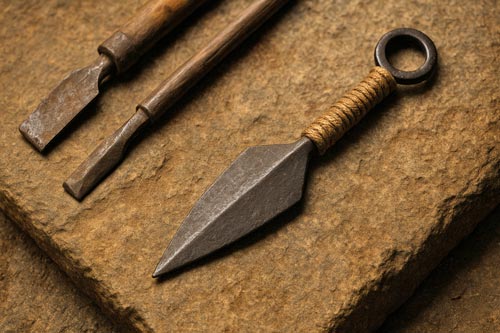 Ancient iron kunai beside old Japanese farming tools on stone surface.