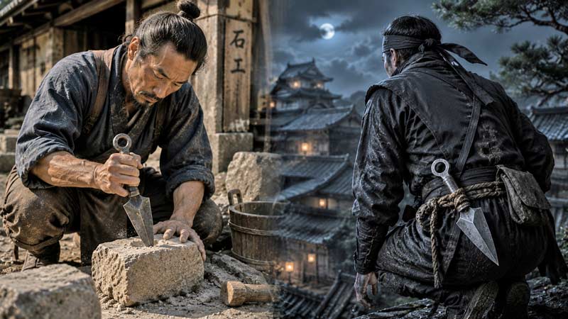 Stone mason using a kunai tool beside a feudal scout carrying the same rugged implement