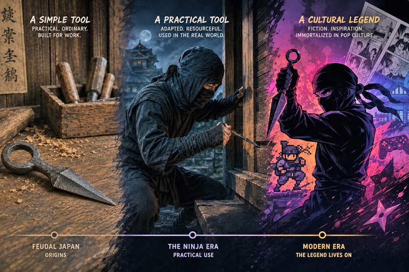Infographic showing the kunai's evolution from everyday tool to legendary ninja icon.