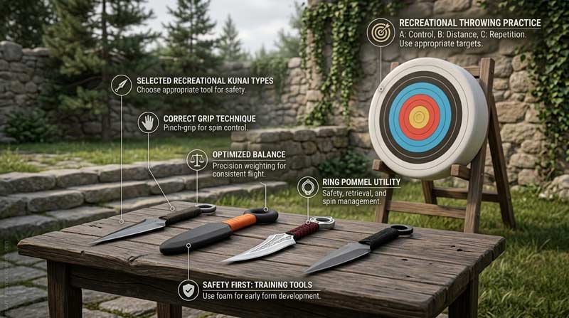 Infographic showing modern kunai designs beside a foam target with labeled features related to recreational throwing practice