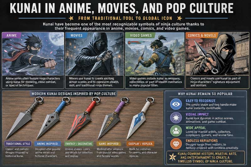Infographic showing how kunai became popular in anime, movies, video games, and comics alongside modern kunai designs