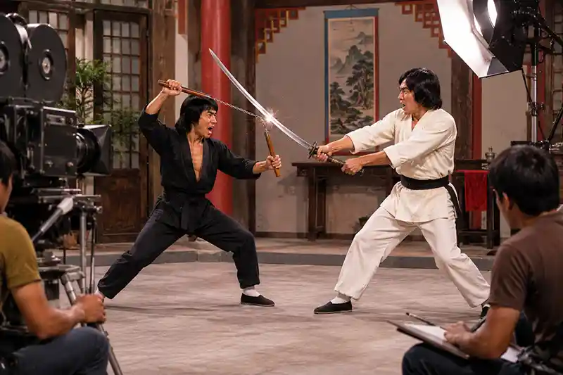 Martial arts film set showing adult performers staging an exaggerated nunchaku and sword collision