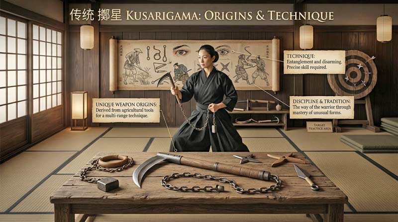 Traditional kusarigama displayed in a dojo with martial artist demonstrating controlled training and historical chain weapon techniques