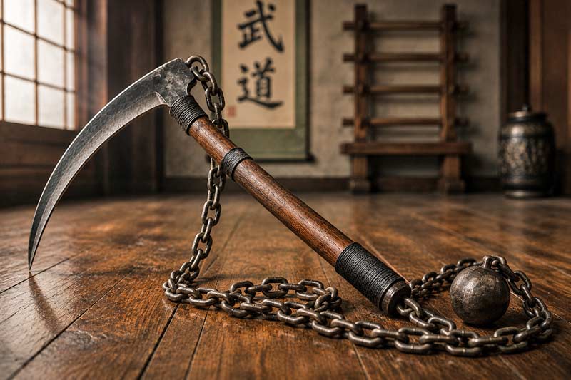 Traditional kusarigama with a chained weight resting on a dojo floor in dramatic lighting.