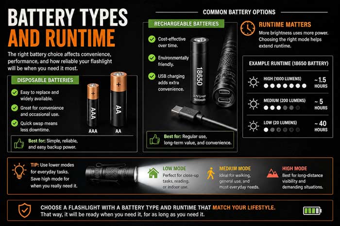 Infographic showing flashlight battery types including rechargeable and disposable options, with runtime comparisons for everyday carry use