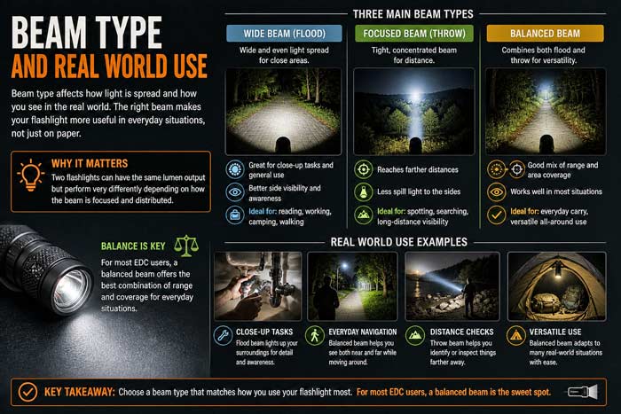 Infographic comparing flashlight beam types including flood, focused, and balanced beams with real-world use examples