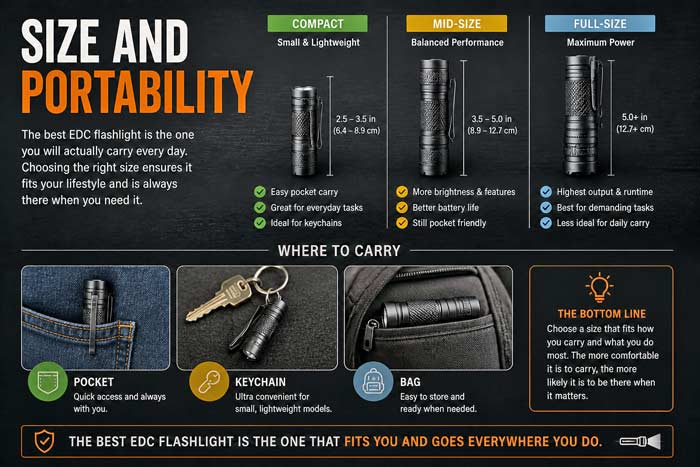Infographic showing EDC flashlight sizes from compact to full size, highlighting portability and carry options like pocket, keychain, and bag