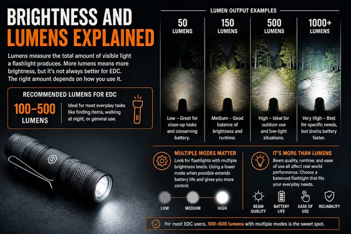 Infographic explaining flashlight brightness and lumens, showing recommended ranges and comparisons for everyday carry use