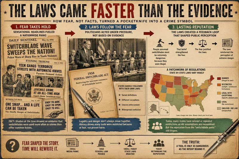Switchblade laws infographic showing how media fear influenced legislation and public perception.